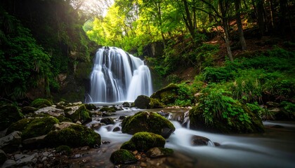 Lush waterfall cascading through a mossy forest
