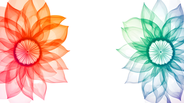 Two Translucent Floral Designs in Orange and Teal flower isolated on a transparent background - Powered by Adobe