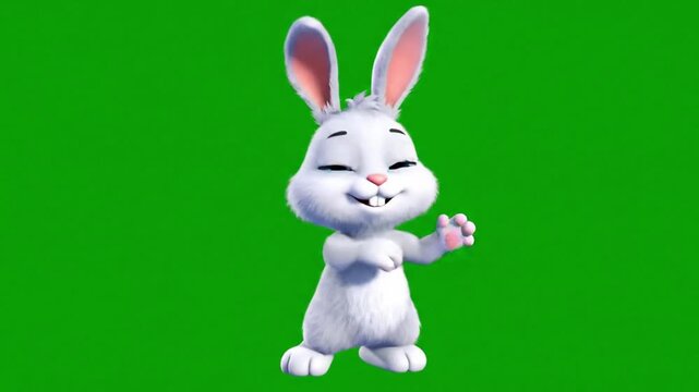Dancing cartoon rabbit &ndash; Cute white 3D cartoon bunny dancing on green screen, loopable animation for chroma key compositing.