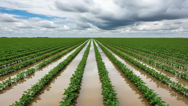 Vast agricultural fields with rows of young plants are flooded with water under a dramatic cloudy sky, showcasing the process of irrigation and crop growth