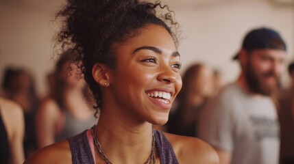 Young woman with curly hair and tank top smiling brightly during a fitness class, enjoying the positive and healthy atmosphere with other participants