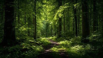 Obraz premium Sunlit path through a lush forest.