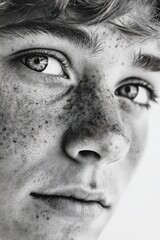 Naklejka premium Close-up portrait of a young person with freckles and expressive eyes in black and white