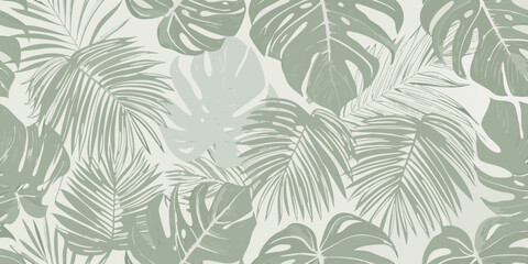 Monstera and palm leaf pattern in sage green