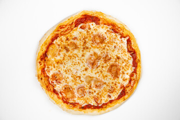 Whole Cheese Pizza Menu Item on white background, top down view