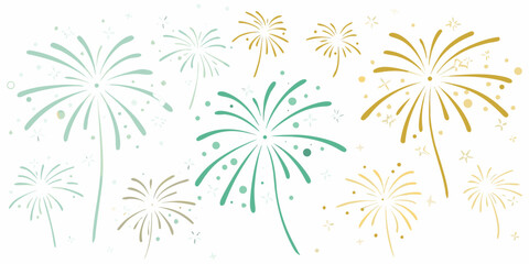 Festive teal and gold fireworks display on white background
