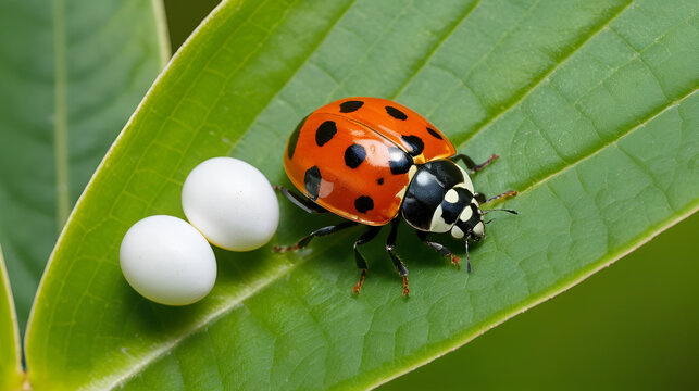 Seychelles scale, Icerya seychellarum (Hemiptera: Monophlebidae) with eggs of Ladybug (ladybird), Rodolia cardinalis or Vedalia beetle (Coleoptera: Coccinellidae). Biological control concept