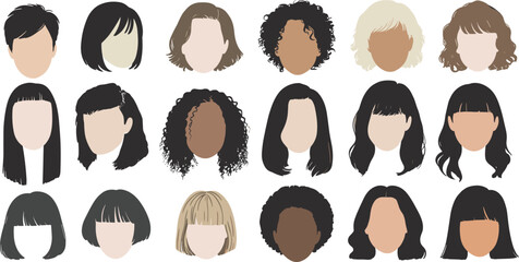 Flat vector illustration of various female hairstyles and haircuts, faceless heads, diverse hair types and styles, fashion hair template design