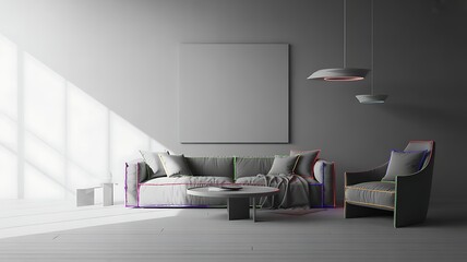 Outline of Modern Sofa and Armchair in a Bright Room interior living room