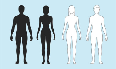 Male and female front body silhouette and outline, fashion croquis flat cad drawing, vector figure template for design and illustration