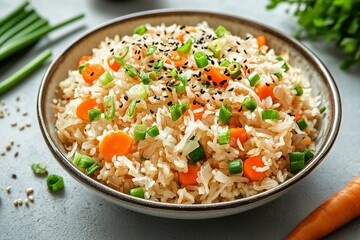 Delicious Vegetable Fried Rice Served in a Bowl on a Light Countertop.