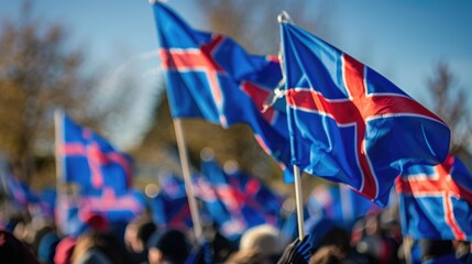 waving Icelandic flags, Iceland Independence Day celebrations, street parade, national procession