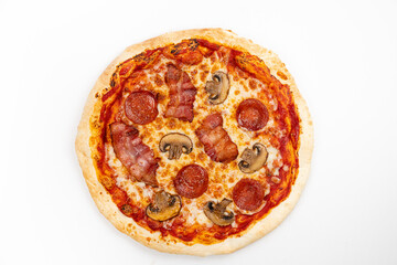 Whole Canadian Pizza Menu Item on white background, top down view
