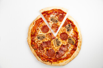 Sliced Canadian Pizza Menu Item on white background, top down view
