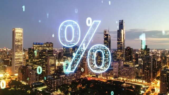 Digital Percentage Over Cityscape at Night, Illustrating Financial Concepts and Market Dynamics