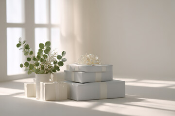 minimalistic christmas celebration atmosphere in usa is captured with stack of beautifully wrapped gifts one open