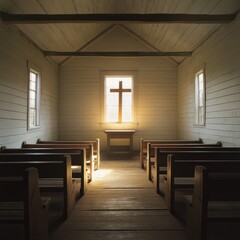 Tranquil Interior of a Small Rural Church with Wooden Benches