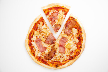 Sliced Hawaiian Pizza Menu Item on white background, top down view