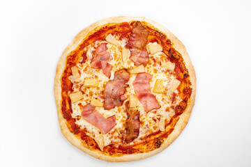 Whole Hawaiian Pizza Menu Item on white background, top down view