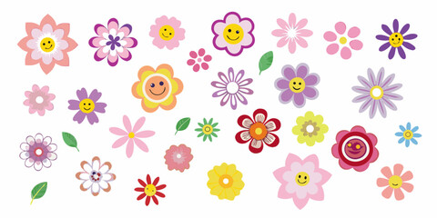 Collection of cheerful cartoon flowers with smiley faces and leaves