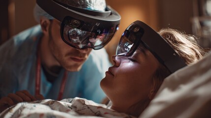 Medium shot capturing a midwife adjusting mixedreality equipment on a laboring mother focusing on the device while the delivery room environment fades softly out of focus enhancing