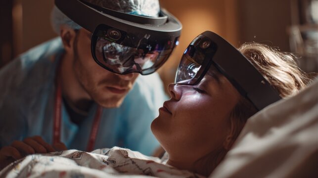 Medium shot capturing a midwife adjusting mixedreality equipment on a laboring mother focusing on the device while the delivery room environment fades softly out of focus enhancing