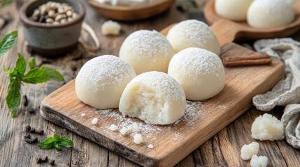 Fototapeta premium Rustic Artisan Mochi on Wooden Surface with Fresh Ingredients