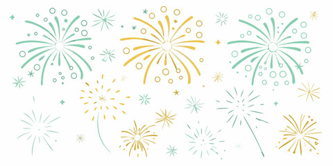 Festive teal and gold firework illustrations
