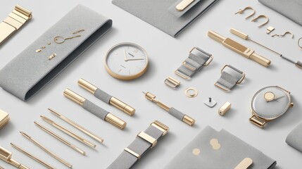 Elegant minimalist timepiece accessories and watchmaking tools presented on light background