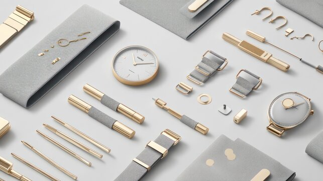 Elegant minimalist timepiece accessories and watchmaking tools presented on light background - Powered by Adobe