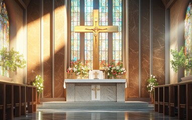 Modern Chapel Interior with Artistic Cross and Bright Decoration