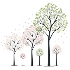 Fototapeta premium Illustration of several trees with different colored leaves and falling petals on a white background