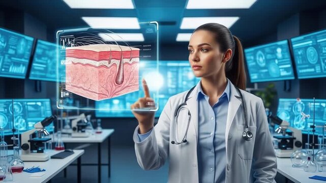 Female doctor analyzes skin cells via a digital interface Cutting edge technology displays intricate details A futuristic medical lab is the setting for scientific exploration