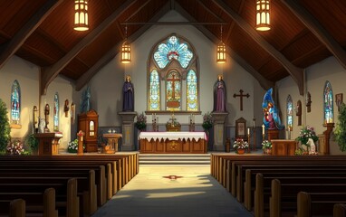 Interior View of a Catholic Church Featuring Statues and Stained Glass