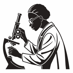 Vector art of female scientist using microscope in laboratory isolated on white background
