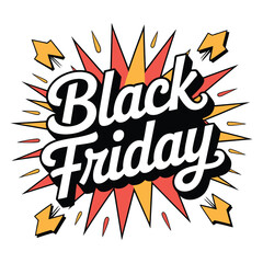 Black Friday sale graphic with comic book style explosion and arrows discount promotion
