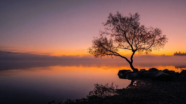 Serene lone tree silhouetted against a vibrant orange and purple dawn sky reflected on tranquil water - Powered by Adobe