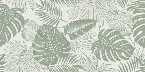 Monstera and palm leaves tropical pattern in sage green