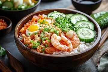Savory Shrimp Rice Bowl Garnished With Fresh Vegetables and Herbs for a Delicious Meal