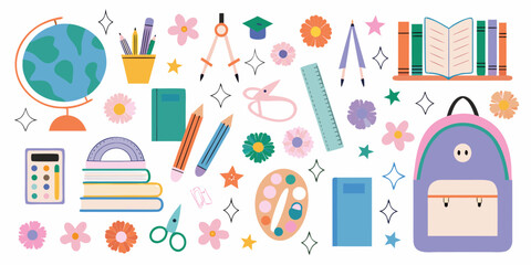 Bright and colorful school supplies and decorative elements collection