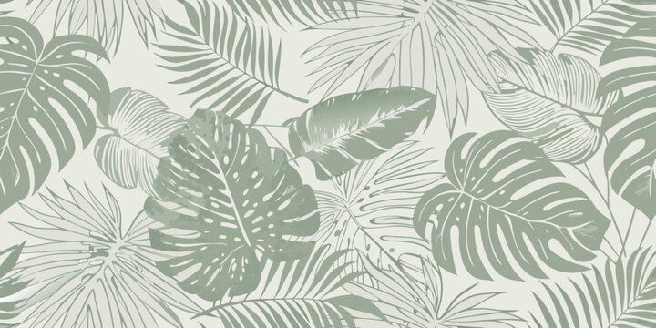 Monstera and palm leaves tropical pattern in sage green