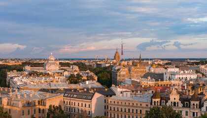 Obraz premium Sunset View of Riga with TV Tower and Jugendstil Architecture