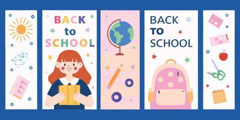 Cute back to school illustrations with school supplies and children