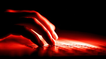 A hand is typing on a keyboard with red letters