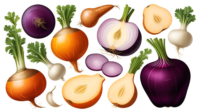 Fresh organic j cama root vegetables sliced and whole isolated transparent background