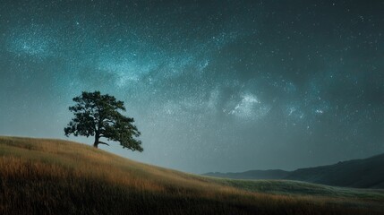 Majestic lone oak tree stands on a golden grassy hill under a breathtaking starry night sky with the Milky Way visible