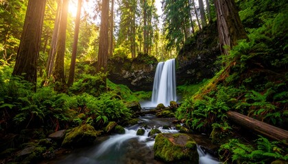 Lush waterfall cascading through mossy forest