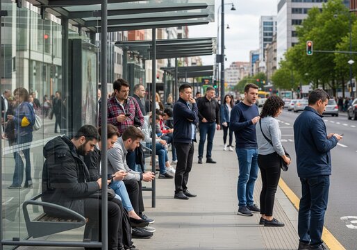 People Waiting at Bus Stop in City Street, Diverse Group