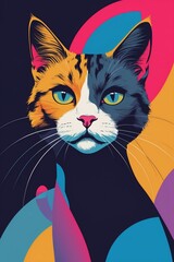 Vibrant abstract illustration of a cat with colorful geometric shapes on a dark background