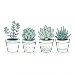 Illustration of four potted succulents with unique designs on a white background art design